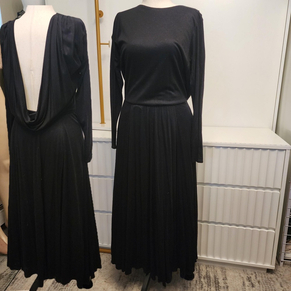 Solid Black Draped Open Back Maxi Dress with Pockets Long Sleeve M/L